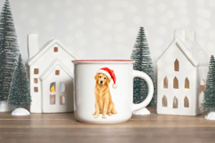 Holiday dog digital image with a full-body golden retriever centred in the design and dressed in a red Santa hat with fluffy white trim.