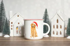 Holiday dog digital image with a full-body golden retriever centred in the design and dressed in a red Santa hat with fluffy white trim.