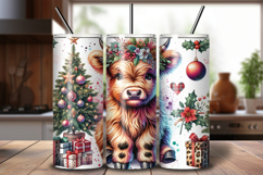 Christmas Highland Cow Floral 20 oz Tumbler Wrap Sublimation Product Image 1