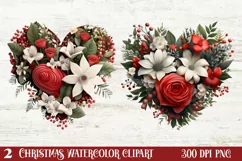 Christmas Hearts Watercolor Clipart, Christmas PNG Product Image 1