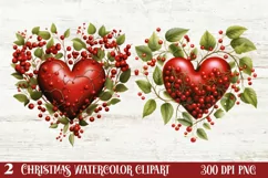 Christmas Hearts Watercolor Clipart, Christmas PNG Product Image 1