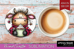 Highland Cow Round Coaster - Whimsical Christmas Coaster PNG Product Image 1