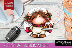 Highland Cow Car Coaster - Whimsical Christmas Coaster PNG Product Image 1