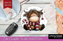 Highland Cow Car Coaster - Whimsical Christmas Coaster PNG Product Image 1