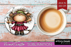 Highland Cow Round Coaster - Whimsical Christmas Coaster PNG Product Image 1