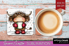 Highland Cow Square Coaster - Whimsical Christmas Coaster Product Image 1