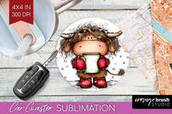 Highland Cow Car Coaster - Whimsical Christmas Coaster PNG Product Image 1