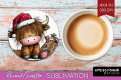 Highland Cow Round Coaster - Whimsical Christmas Coaster PNG Product Image 1