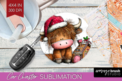 Highland Cow Car Coaster - Whimsical Christmas Coaster PNG Product Image 1