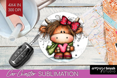 Highland Cow Car Coaster - Whimsical Christmas Coaster PNG Product Image 1