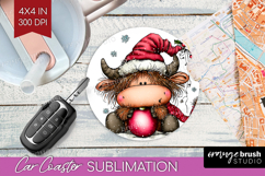 Highland Cow Car Coaster - Whimsical Christmas Coaster PNG Product Image 1
