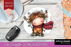 Highland Cow Car Coaster - Whimsical Christmas Coaster PNG Product Image 1