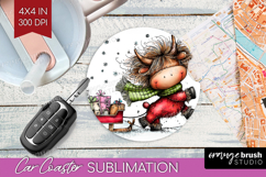 Highland Cow Car Coaster - Whimsical Christmas Coaster PNG Product Image 1