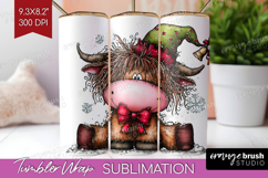 Highland Cow Tumbler Wrap - Whimsical Christmas Tumbler PNG Product Image 1