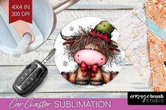 Highland Cow Car Coaster - Whimsical Christmas Coaster PNG Product Image 1