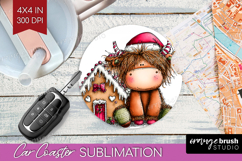 Highland Cow Car Coaster - Whimsical Christmas Coaster PNG Product Image 1