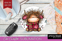 Highland Cow Car Coaster - Whimsical Christmas Coaster PNG Product Image 1