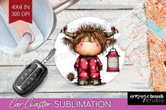 Highland Cow Car Coaster - Whimsical Christmas Coaster PNG Product Image 1