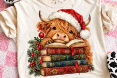Christmas Highland Cow Book Lover Santa Hat & Vintage Books Product Image 1