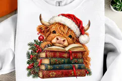 Christmas Highland Cow Book Lover Santa Hat & Vintage Books Product Image 2