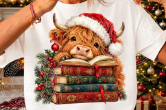 Christmas Highland Cow Book Lover Santa Hat & Vintage Books Product Image 3