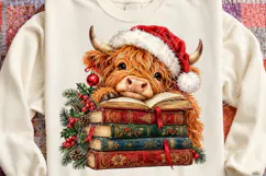 Christmas Highland Cow Book Lover Santa Hat & Vintage Books Product Image 4