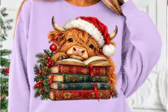 Christmas Highland Cow Book Lover Santa Hat & Vintage Books Product Image 5