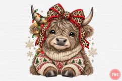 Christmas Highland Cow PNG | Leopard Bow & Cozy Sweater Png Product Image 1