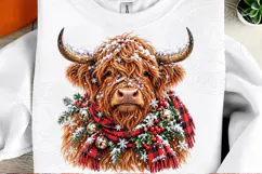 Christmas Highland Cow PNG | Snowy Plaid Scarf & Bells Winte Product Image 2