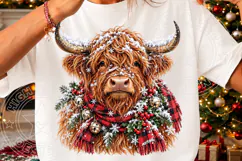 Christmas Highland Cow PNG | Snowy Plaid Scarf & Bells Winte Product Image 3