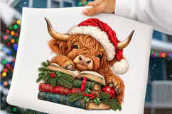 Christmas Highland Cow Book Lover PNG | Santa Hat & Vintage Product Image 3