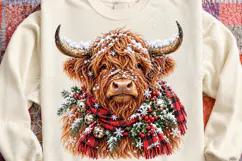 Christmas Highland Cow PNG | Snowy Plaid Scarf & Bells Winte Product Image 4