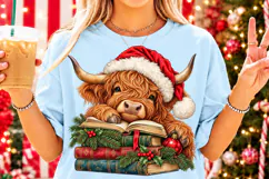 Christmas Highland Cow Book Lover PNG | Santa Hat & Vintage Product Image 4
