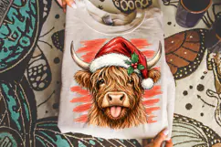 Christmas Highland Cow PNG,Cute Cow With Santa Hat Shirt Product Image 2