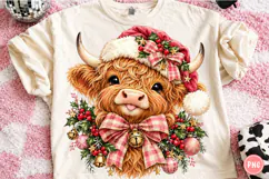 Christmas Highland Cow PNG | Santa Hat & Pink Plaid Bow Png Product Image 1