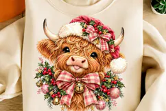 Christmas Highland Cow PNG | Santa Hat & Pink Plaid Bow Png Product Image 2