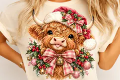Christmas Highland Cow PNG | Santa Hat & Pink Plaid Bow Png Product Image 3