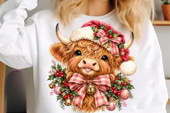 Christmas Highland Cow PNG | Santa Hat & Pink Plaid Bow Png Product Image 4