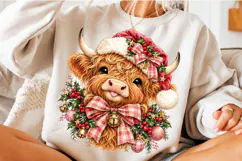 Christmas Highland Cow PNG | Santa Hat & Pink Plaid Bow Png Product Image 5