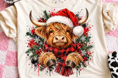 Christmas Highland Cow Santa Hat & Plaid Scarf Rustic Holida Product Image 2