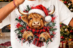 Christmas Highland Cow Santa Hat & Plaid Scarf Rustic Holida Product Image 3