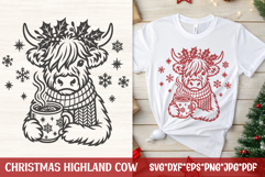 Cozy Christmas Highland cow with scarf and steaming cocoa, holly crown and snowflakes—single-color SVG for Cricut winter shirts and farmhouse décor.