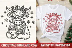 Cozy Christmas Highland cow with scarf and steaming cocoa, holly crown and snowflakes—single-color SVG for Cricut winter shirts and farmhouse décor.