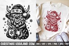  Adorable Christmas Highland Cow SVG featuring a festive cow in a winter sweater, holding a mug of hot cocoa, surrounded by snowflakes. Perfect for farmhouse Christmas crafts, rustic holiday shirts, mugs, cards, ornaments, and cozy winter decorations.
