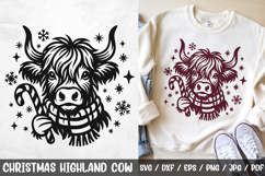 Rustic Christmas Highland Cow SVG featuring a festive cow with a cozy scarf holding a candy cane. Perfect for farmhouse Christmas shirts, mugs, cards, ornaments, and holiday crafts.
