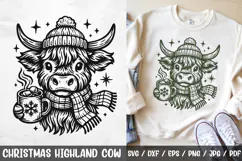 Cute Christmas Highland Cow SVG featuring a cozy cow in a winter hat and scarf, holding a hot cocoa mug. Perfect for farmhouse holiday shirts, mugs, Christmas cards, ornaments, and rustic winter crafts.