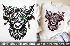 Rustic Christmas Highland Cow SVG featuring a festive cow with colorful holiday lights tangled in its horns. Perfect for farmhouse Christmas crafts, rustic holiday shirts, mugs, cards, ornaments, and cozy winter decorations.