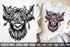 Rustic Christmas Highland Cow SVG featuring a festive cow with colorful holiday lights tangled in its horns. Perfect for farmhouse Christmas crafts, rustic holiday shirts, mugs, cards, ornaments, and cozy winter decorations.