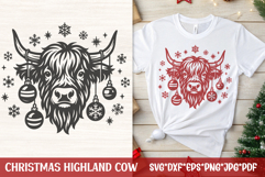 Rustic Christmas Highland cow head with baubles on horns and snowflakes—single-color SVG for Cricut winter shirts and farmhouse décor.