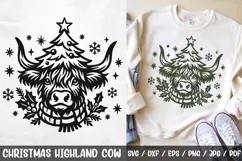 Festive Christmas Highland Cow SVG featuring a cute cow wearing a scarf and decorated with a Christmas tree, holly, and snowflakes. Perfect for farmhouse Christmas crafts, holiday shirts, mugs, cards, ornaments, and rustic winter decorations.